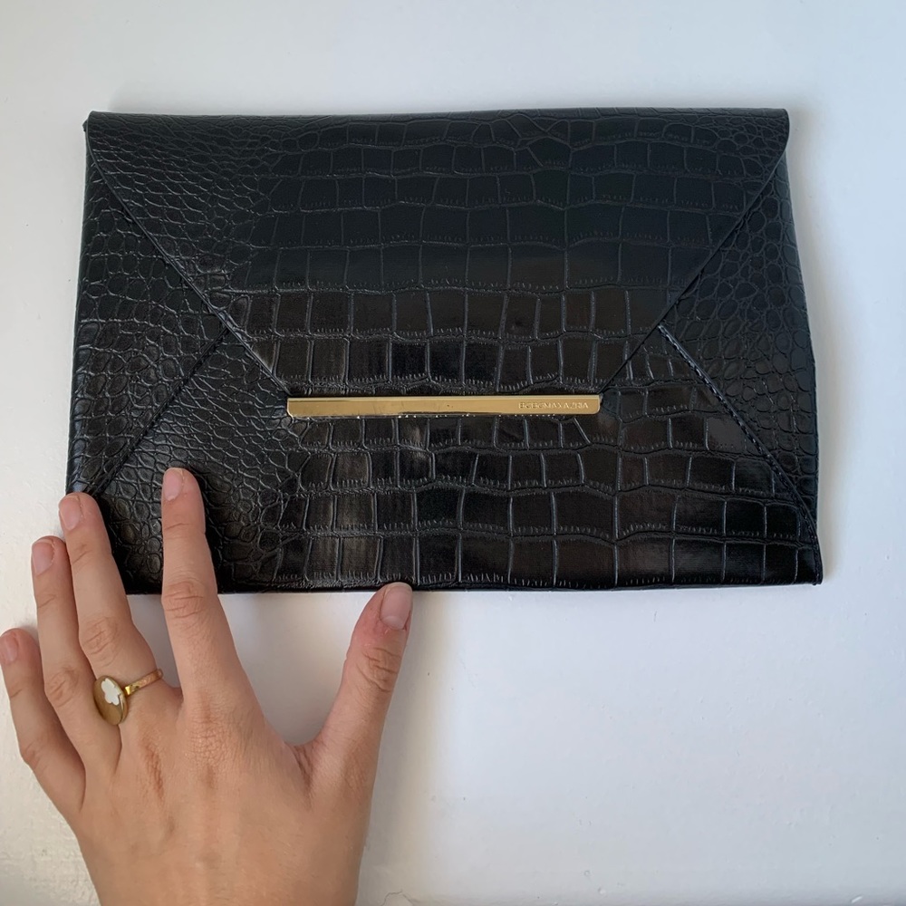 BCBG black leather print envelope clutch